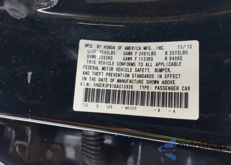 2016 Honda Accord from USA, damaged, VIN 1HGCR3F91GA010956